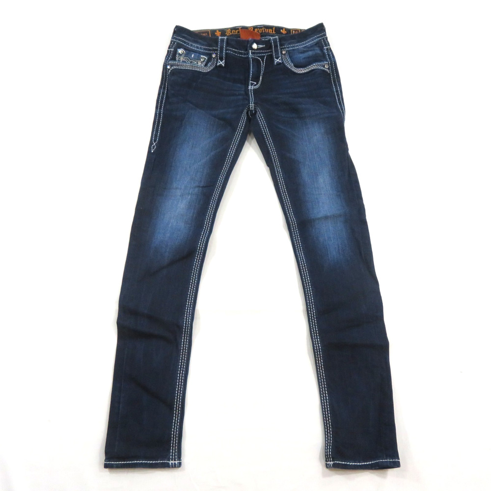 Rock Revival Jeans Axteen Skinny Dark Blue Fleur Di Lis 26 Measured 28x30